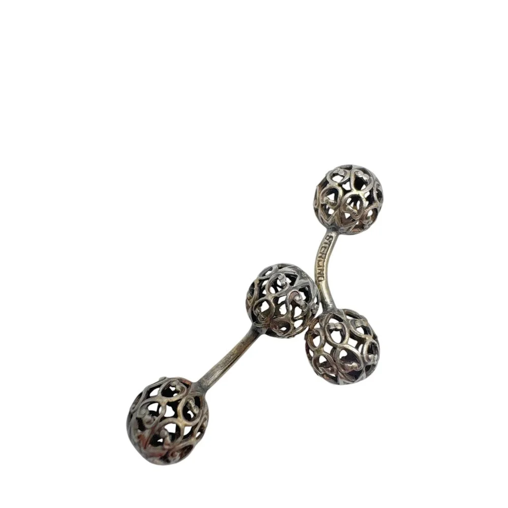 Vintage Art Deco Sterling Silver Filigree Sphere Cufflinks Dumbbell Bar Link